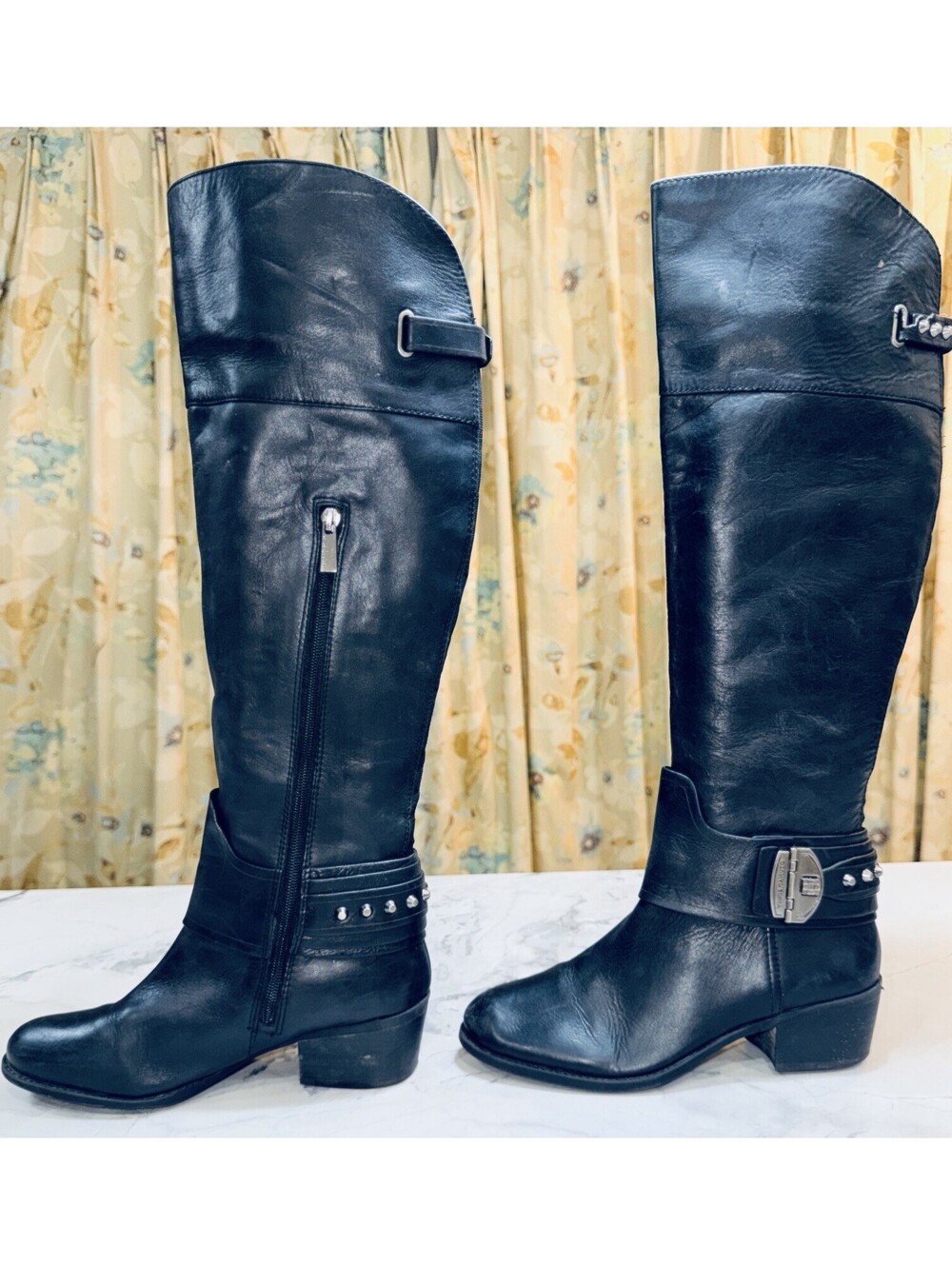 Vince Camuto Beatrix Black Leather Knee High Riding Boots 8M Studded Harness